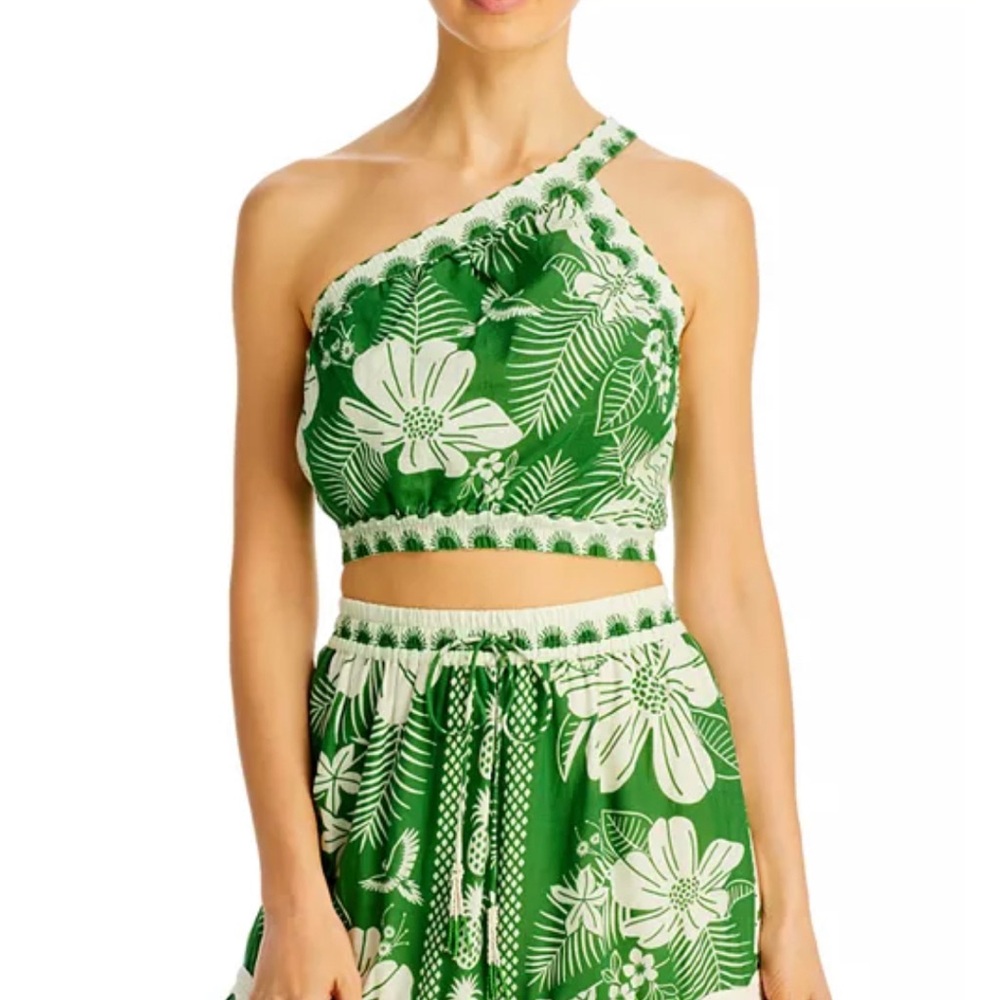 FARM Rio Green and White One-Shoulder Floral Crop Top